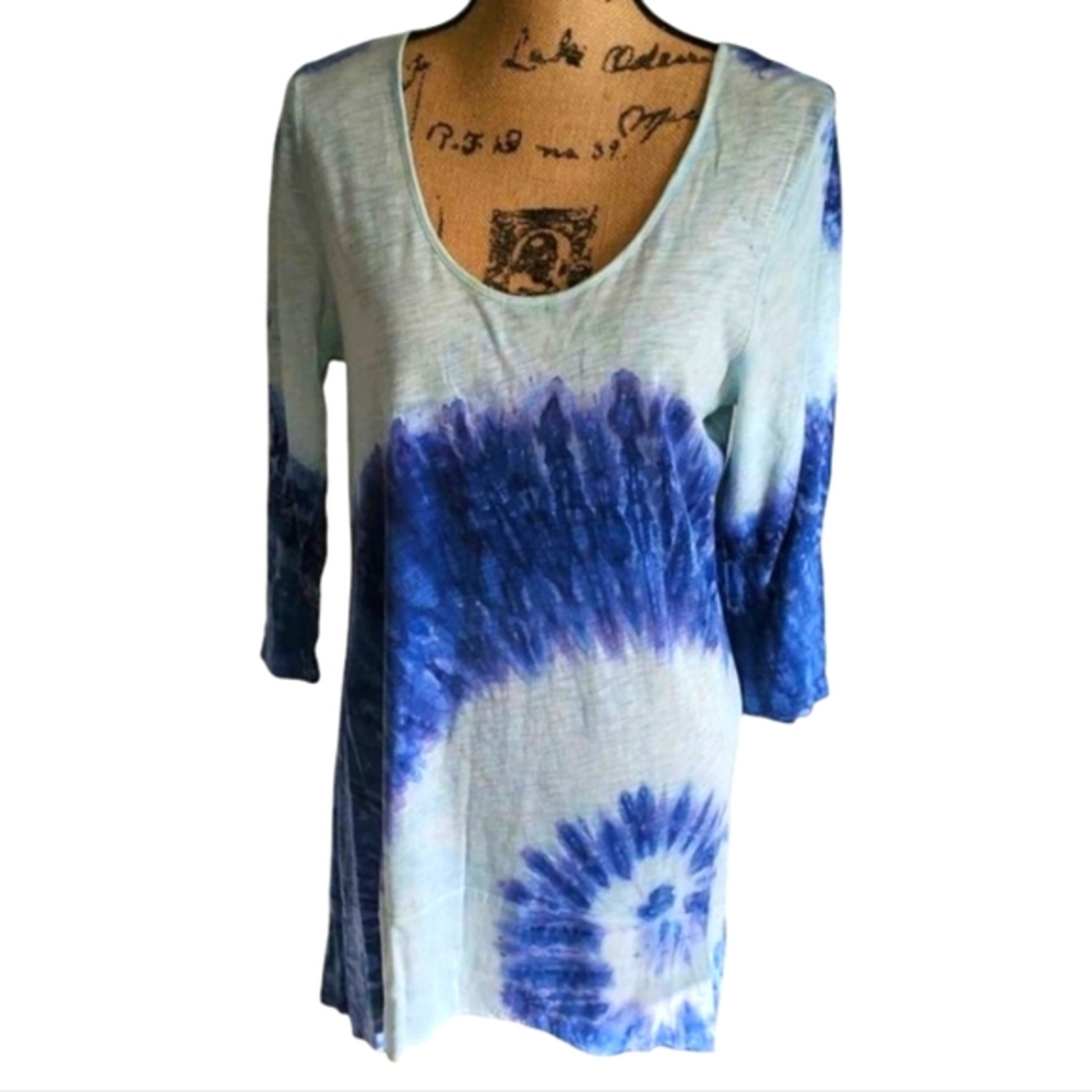 Soft Surroundings Blue Tie Dye Tunic Top Scoop Neck 3/4 Sleeve XS 28167
